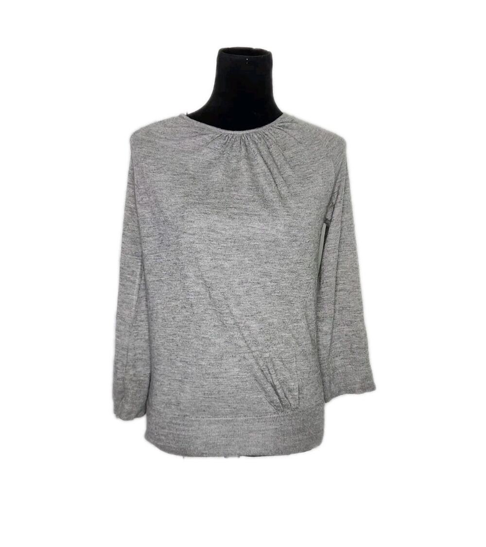 Chloe Silk Cashmere 3/4 Sleeve Gray Pleated Crewneck Sweater Size Small Flawed